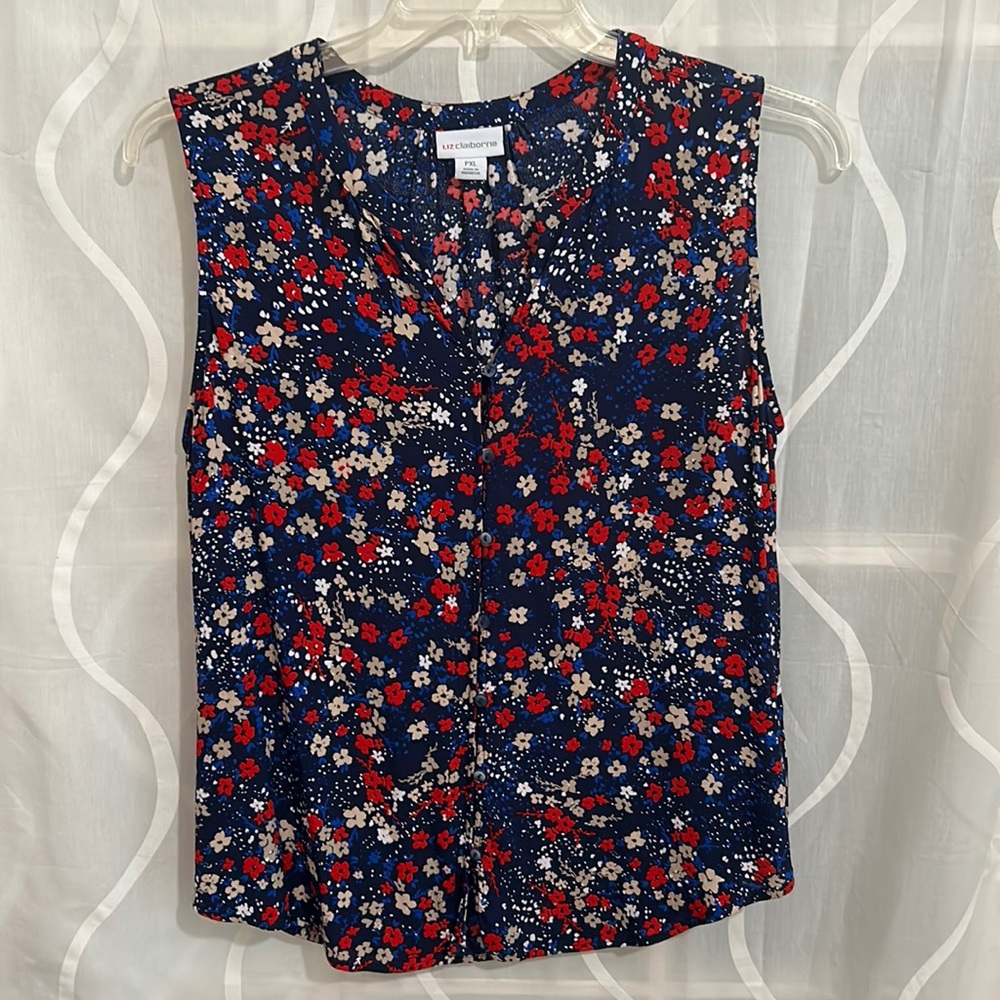 Liz Claiborne Sleeveless, Navy Floral, Button Down Blouse, XLP - Picture 1 of 5